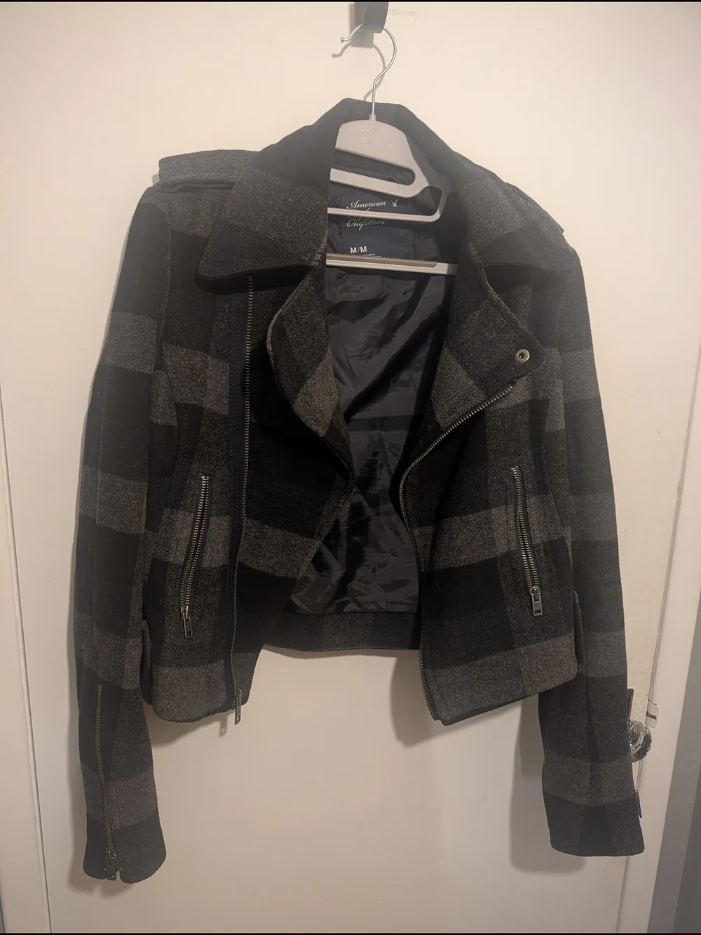 American Eagle Outfitters Black & Gray Plaid Moto Jacket